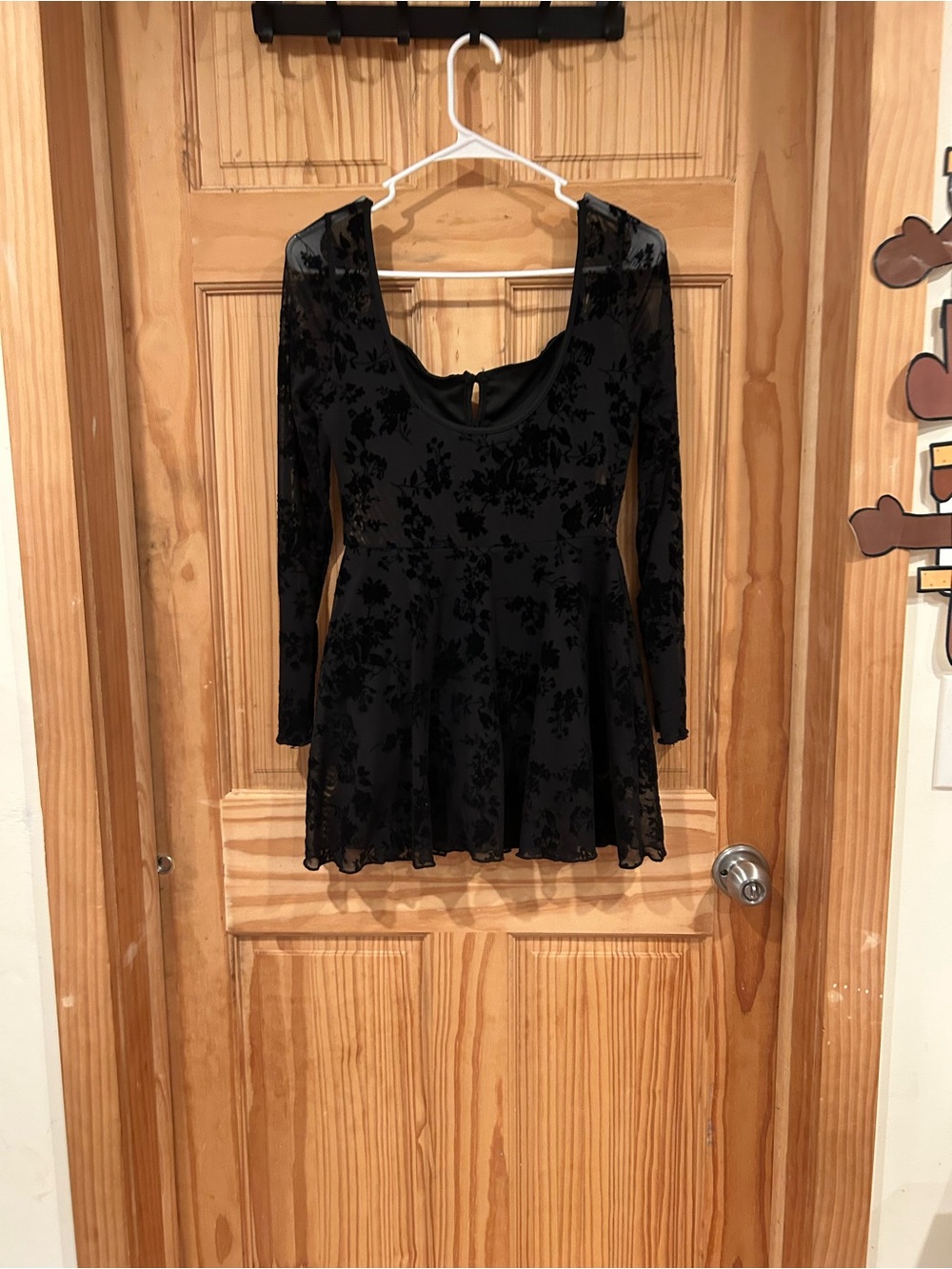 SHEIN Black Long-Sleeve Velvet Floral Skater Dress
